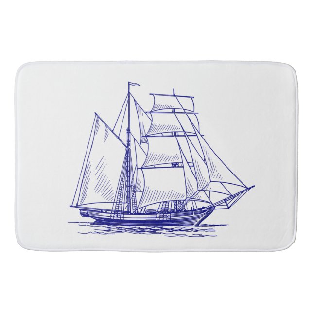 Bath mat chic nautical blue sailing ship  (Front)