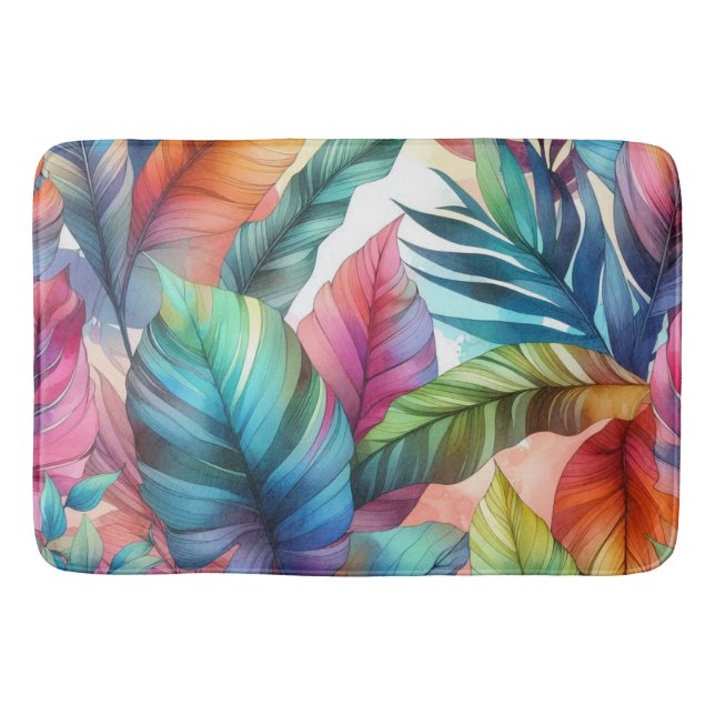 Bath Mat Colourful Tropical Leaves Watercolors (Front)