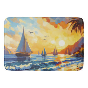 Bath Mat Nautical Sailboats Sunset Tropical Beach