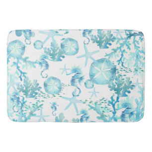 Bath Mat Teal Blue Seahorse Sanddollar Seashells