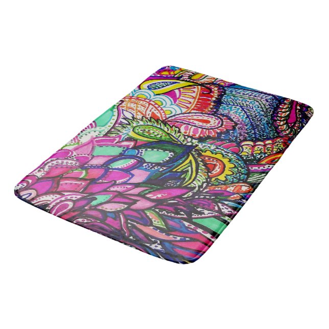 Bath Matt Zen Doodle Colourful Feather Design Mat (Angled)