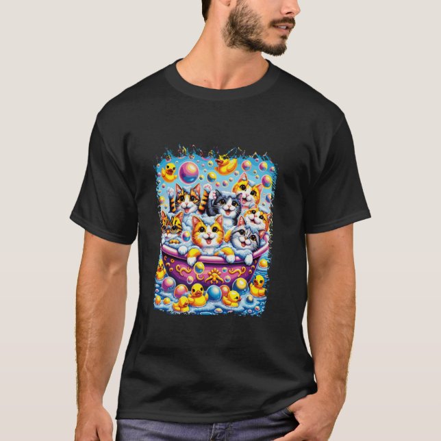 Bath-Time Feline Fun Funny Bathing Cat Meme Shower T-Shirt (Front)