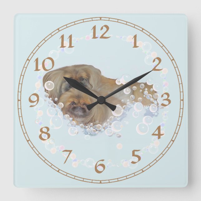 Bath Time Pekingese Duo Square Wall Clock (Front)