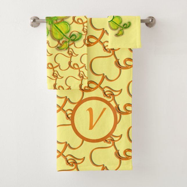 Bath Towel Set - Ivy Leaves and Monogram on Yellow (Insitu)