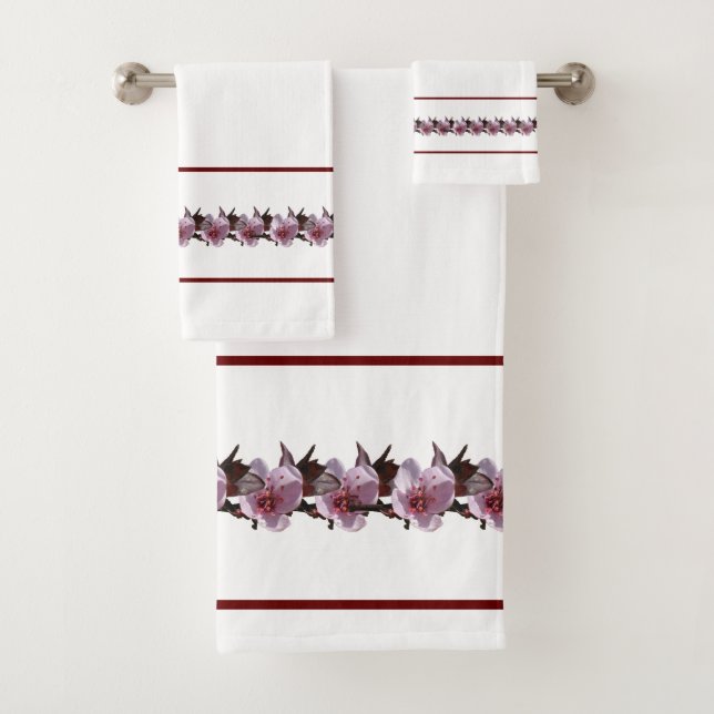 Bath Towel Set - Plum Blossoms and Maroon Lines (Insitu)