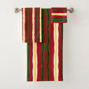 Bath Towel Set Red, Green, Yellow Stripes