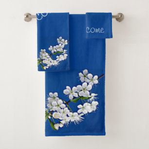 Bath Towel Set Welcome Flower White and Blue