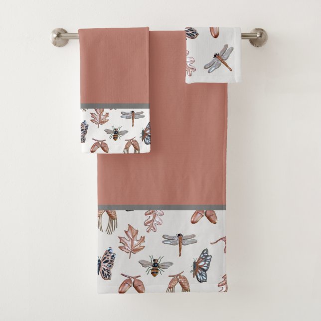 Bath towel set with Nature Print, copper (Insitu)