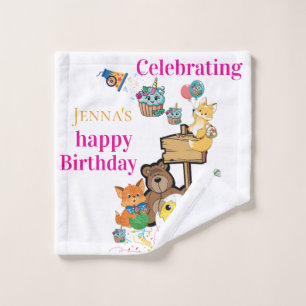 Bath Towel Sets, Happy Birthday Fox Cat Bird Chick