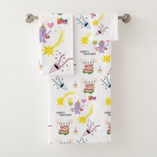 Bath Towel Sets, Octopus Happy Birthday Cupcake (Insitu)