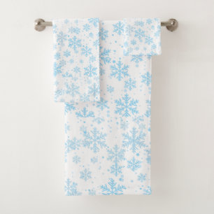 Bath Towels Blue Snowflakes Falling On White