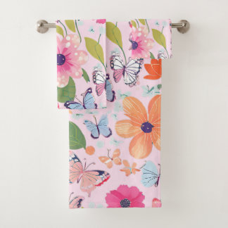 Bath Towels Butterflies and Flowers, Pink