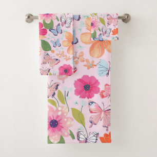 Bath Towels Butterflies and Flowers, Pink