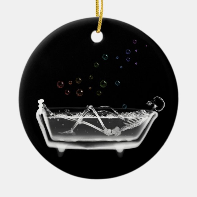 Bath Tub X-Ray Skeleton - Rainbow Bubbles Ceramic Ornament (Front)