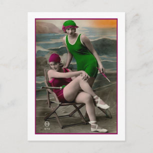 Bathing Beauties in green and raspberry suits Postcard