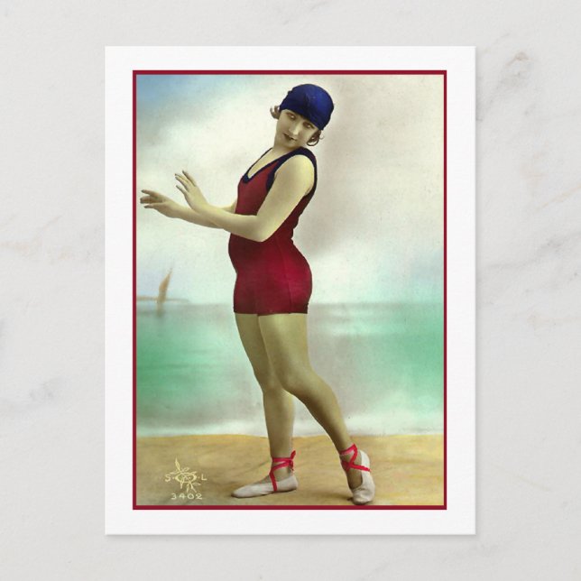 Bathing Beauty in deep cranberry bathing suit Postcard (Front)