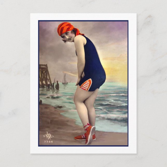 Bathing Beauty in navy and orange Postcard (Front)