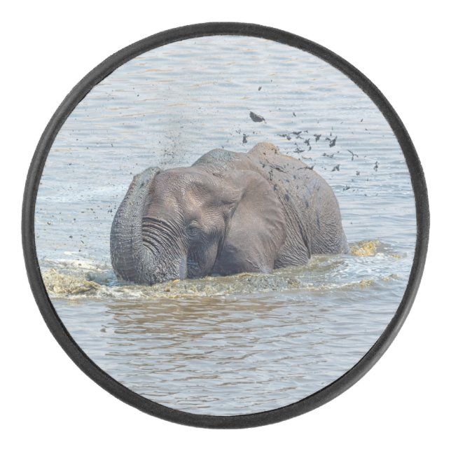 Bathing elephant hockey puck (Front)