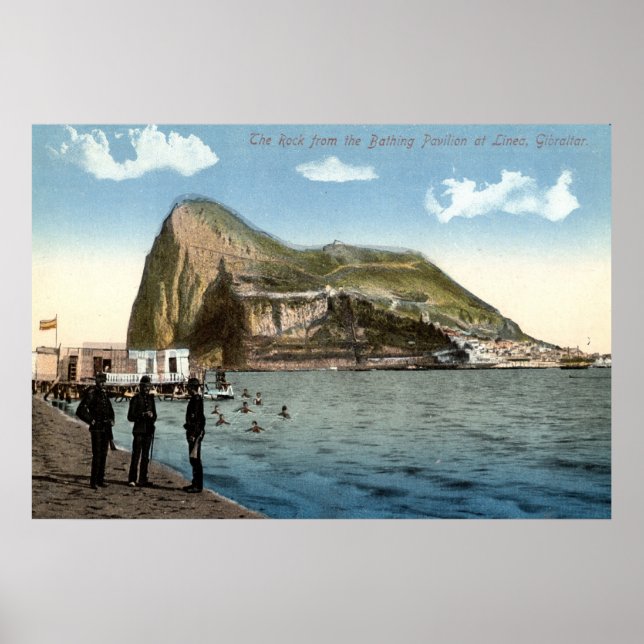 Bathing Pavilion, Linea, Rock of Gibraltar Vintage Poster (Front)