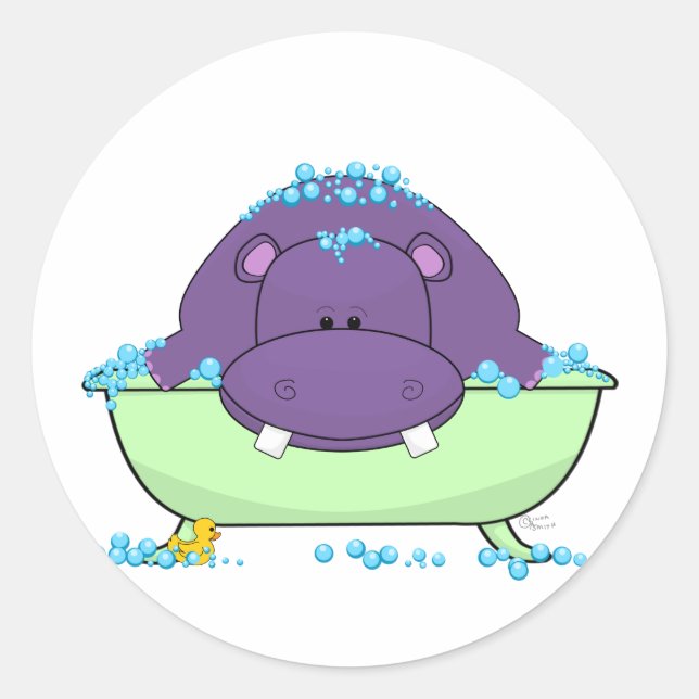 Bathing Purple Hippo Classic Round Sticker (Front)