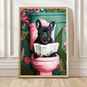 Bathroom Black French Bulldog Reading on Toilet Pr Poster