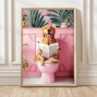 Bathroom Golden Retriever on Toilet Print, Dog on  Poster