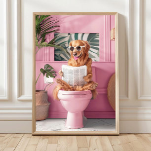 Bathroom Golden Retriever Reading on Toilet Print, Poster
