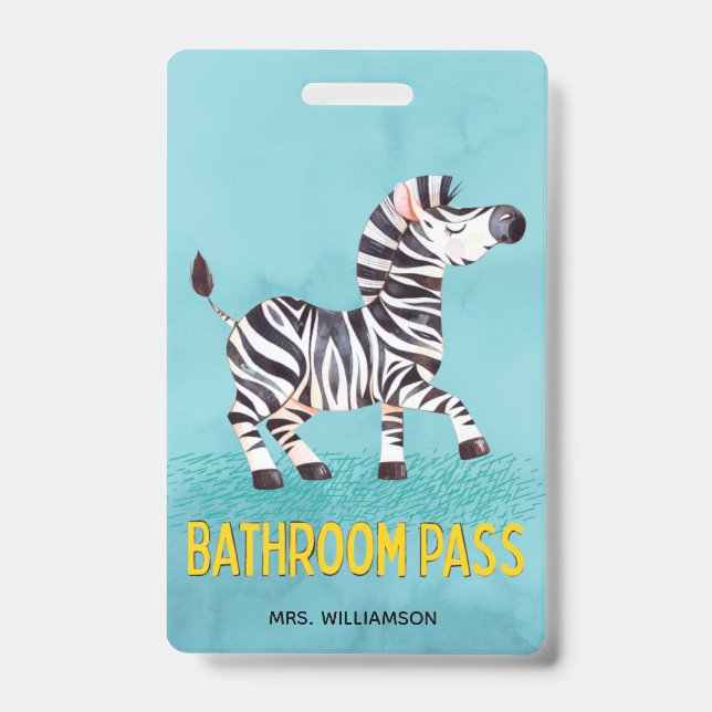 Bathroom Pass Cute Zebra Teacher School ID Badge (Front)
