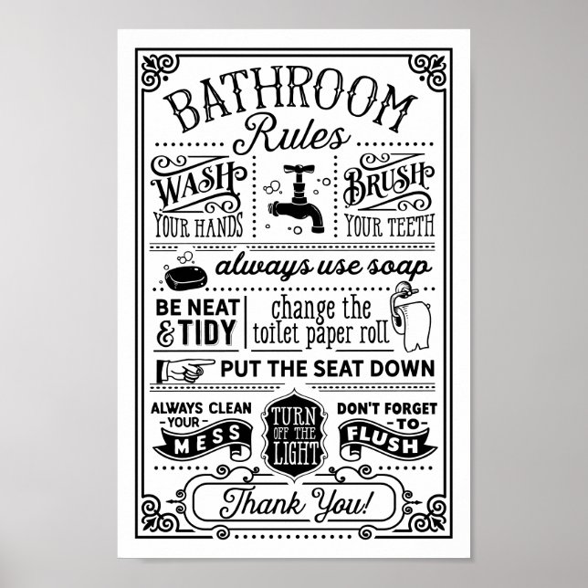 Bathroom Rules Modern Vintage Poster (Front)