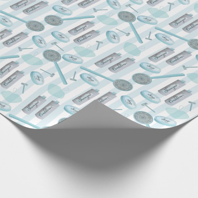 Bathroom Shower Spa Aqua Blue on Stripes Wrapping Paper (Corner)