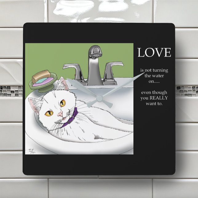 Bathroom Sink White Cat Square Wall Clock (Creator Uploaded)