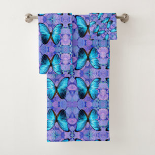 Bathroom Towel Set - Blue Butterfly & Hydrageas