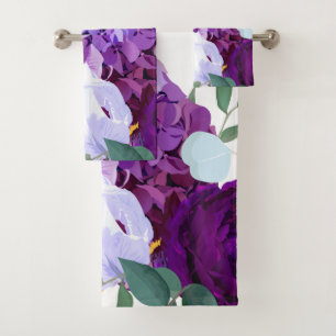Bathroom Towel Set Lavender Hibiscus on White