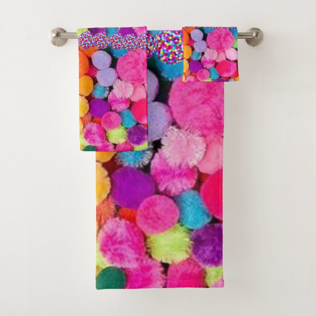 Bathroom Towel Sets Colourful Pom Poms (Insitu)