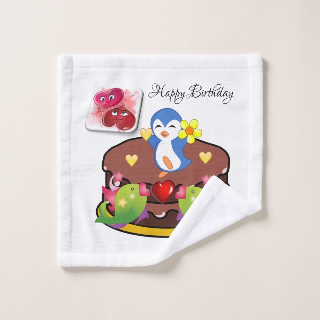 Bathroom Towel Sets Happy Birthday  Penguin Hearts (Wash Cloth)