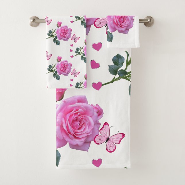 Bathroom Towel Sets Pink Rose Floral Butterfly (Insitu)