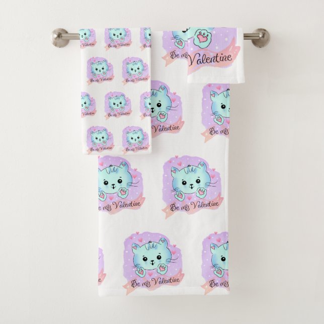 Bathroom Towel Sets Valentine's Day Cat Be Mine (Insitu)