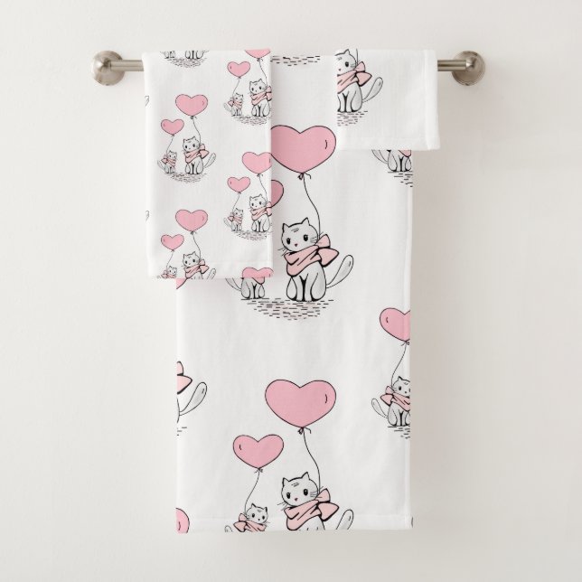 Bathroom Towel Sets Valentine's Day Cat Pink Heart (Insitu)