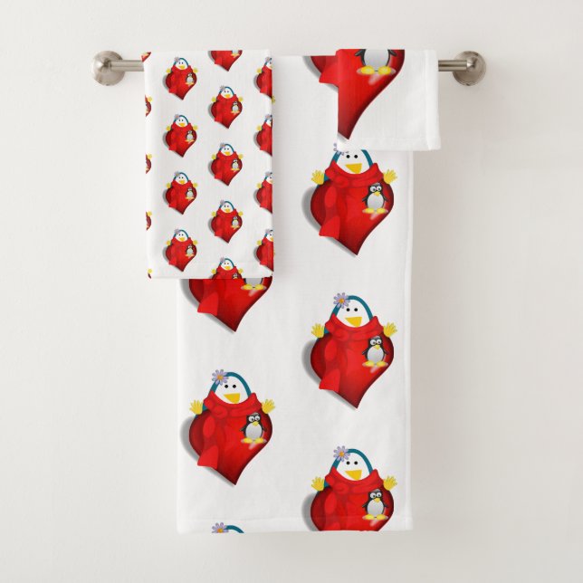 Bathroom Towel Sets Valentine's Day Penguin Hearts (Insitu)
