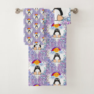 Bathroom Towel Sets Valentine's Day Penguin Hearts