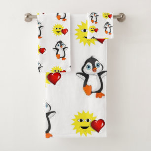 Bathroom Towel Sets Valentine's Day Penguin Hearts