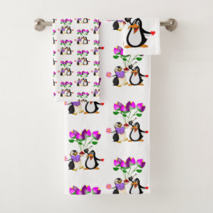 Bathroom Towel Sets Valentine's Day Penguin Hearts