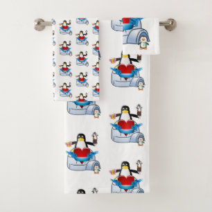 Bathroom Towel Sets Valentine's Day Penguin Hearts