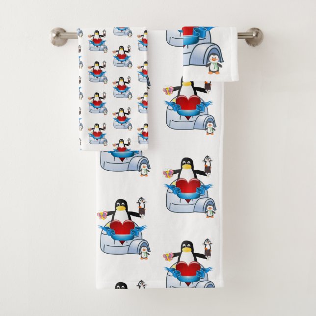 Bathroom Towel Sets Valentine's Day Penguin Hearts (Insitu)