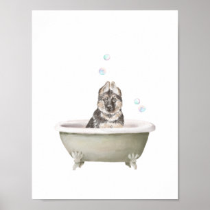 Bathroom Wall Art, German Shepherd in a bathtub Po Poster