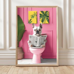 Bathroom White French Bulldog Reading on Toilet Pr Poster