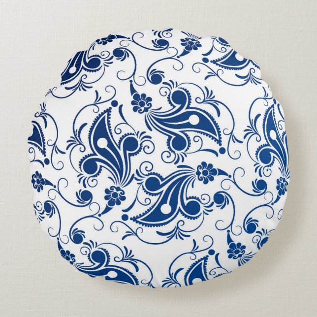 Batik Blue and White Illustrated Floral Pattern Round Cushion (Front)