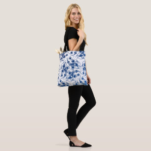 Batik Blue and White Illustrated Floral Pattern Tote Bag