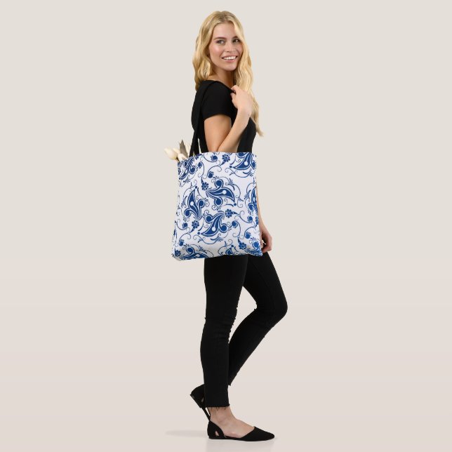 Batik Blue and White Illustrated Floral Pattern Tote Bag (On Model)