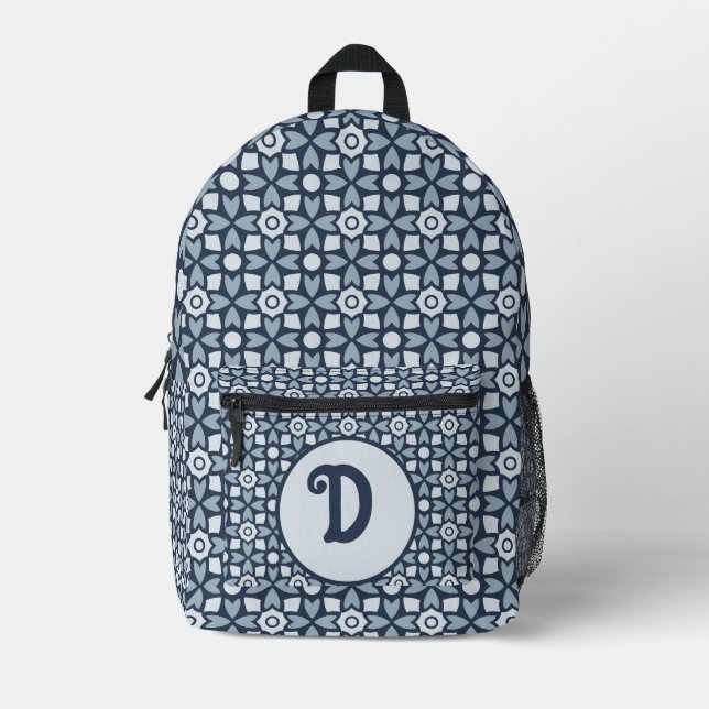 Batik Blue Pattern Custom Monogram Printed Backpack (Front)